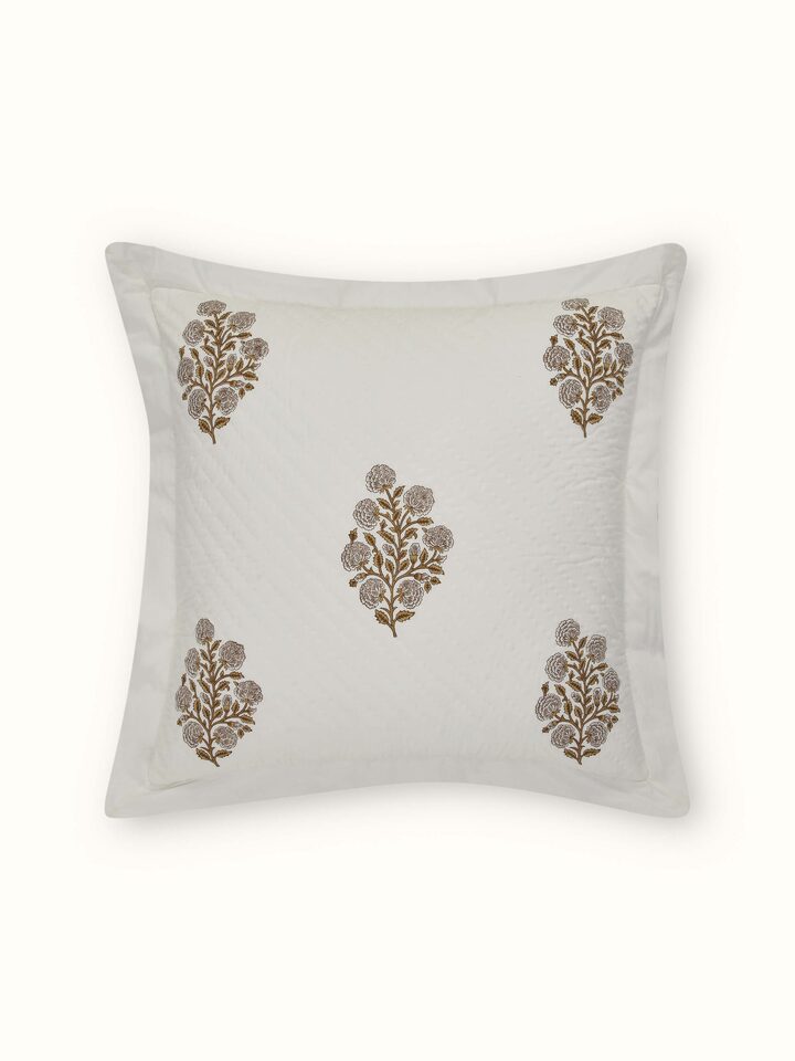 Detailed view of Saha Brown Buta Stripe Cotton Sanganeri Block Printed Cushion Covers (2 pcs) highlighting the block print design.