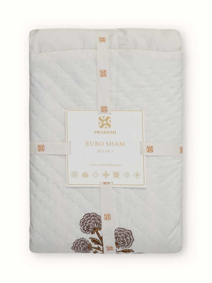 Close-up of Saha Brown Buta Stripe Cotton Sanganeri Block Printed Cushion Covers (2 pcs) focusing on the fabric texture.