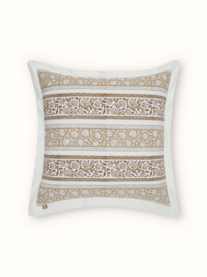 Bird’s-eye view of Saha Brown Buta Stripe Cotton Sanganeri Block Printed Cushion Covers (2 pcs) showing pattern and color.