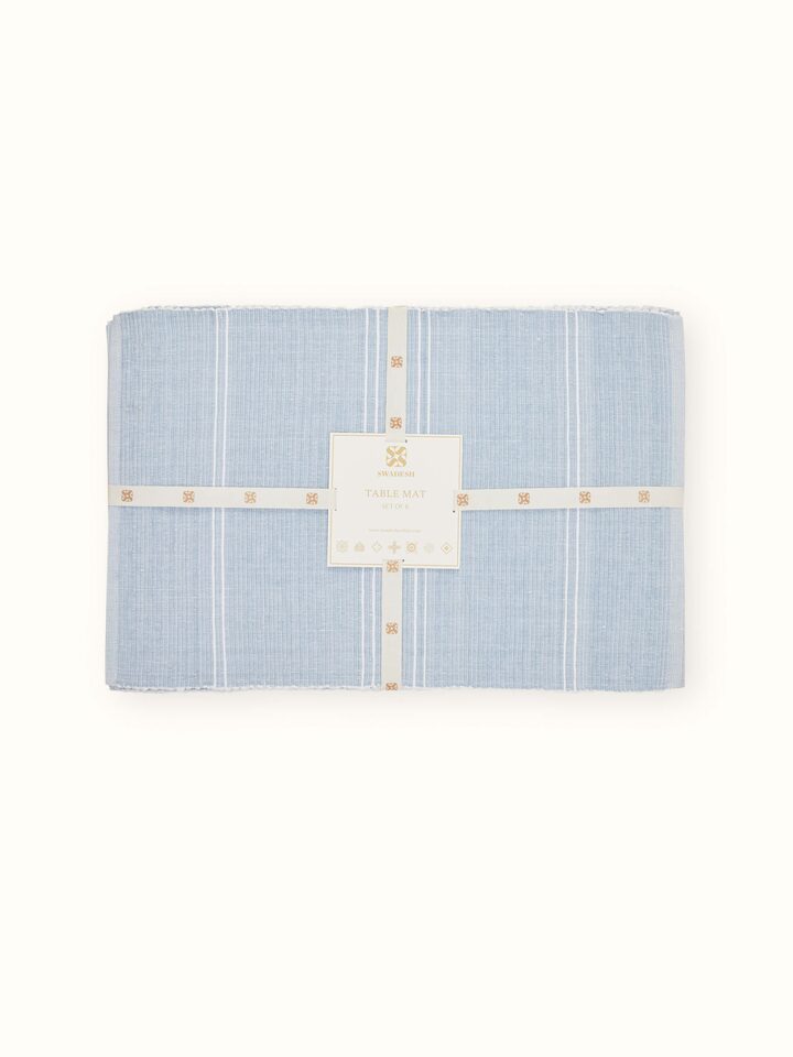 Detail shot of Arth Light Blue Cotton Table Mat showcasing fine weave and hem finish