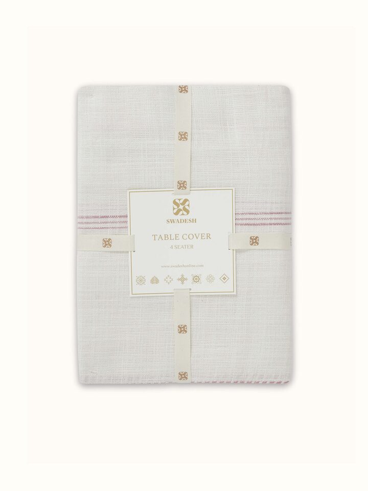 Detailed view of the Arth pink stripe cotton table cover (4 seater) highlighting the fabric texture and stripe design