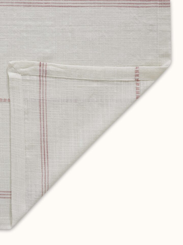 Arth pink stripe cotton table cover (4 seater) styled on a table to show its fit and coverage