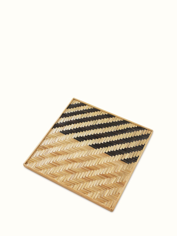 Detailed view of Naveena grey geometric square natural fibre trivets (2 pcs) showcasing the texture and geometric design