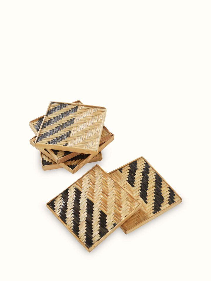 Full view of Naveena grey geometric square natural fibre coasters (6 pcs) displaying their geometric design and natural fiber material.