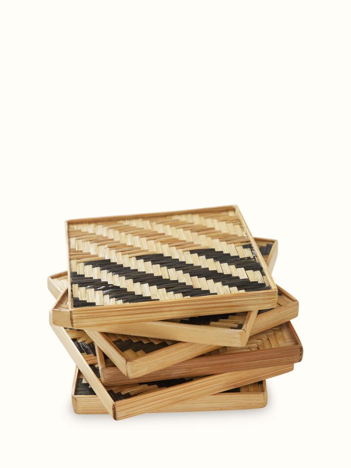 Detailed view of Naveena grey geometric square natural fibre coasters (6 pcs) focusing on the craftsmanship and material quality.