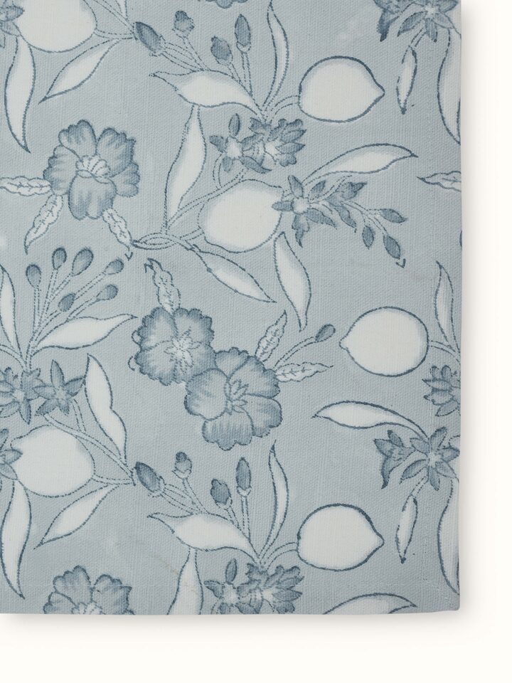 Light blue floral Sanganeri block printed dish towels set showing the pattern in detail