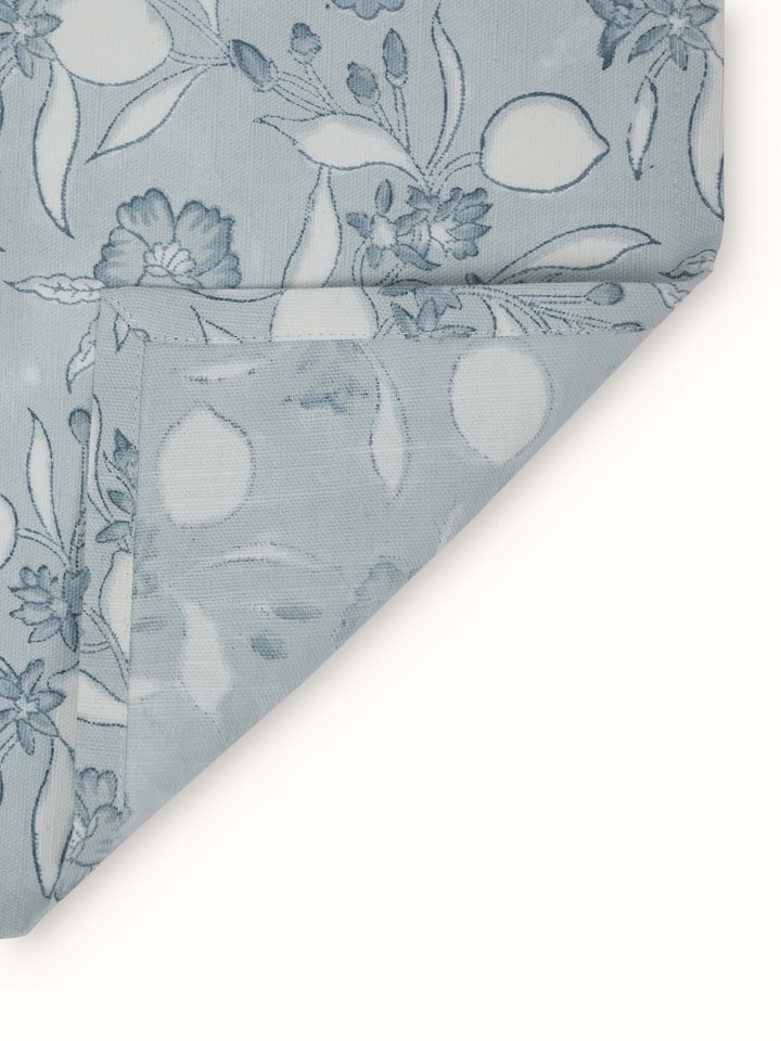 Set of 4 light blue floral cotton dish towels with Sanganeri block print, featuring different angles