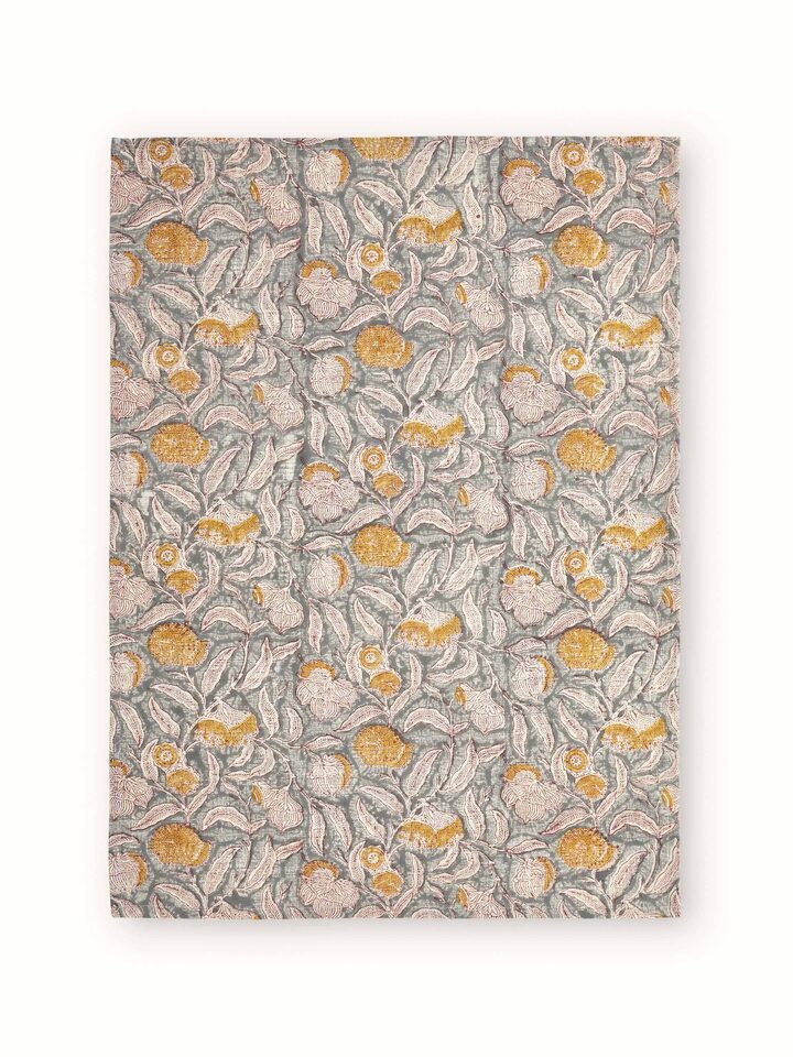 Full view of Samaha grey floral cotton dish towels displayed neatly to highlight the block print and fabric quality.