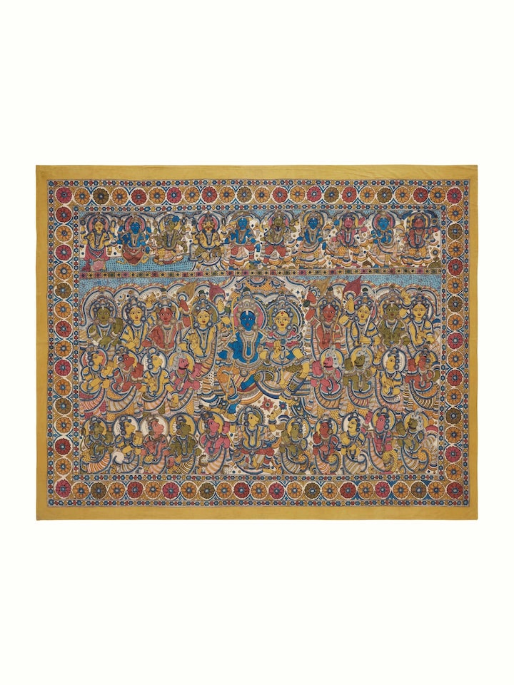 Front view of Dashavtar Kalamkari Painted Wall Art displaying detailed figures from the ten incarnations of Vishnu