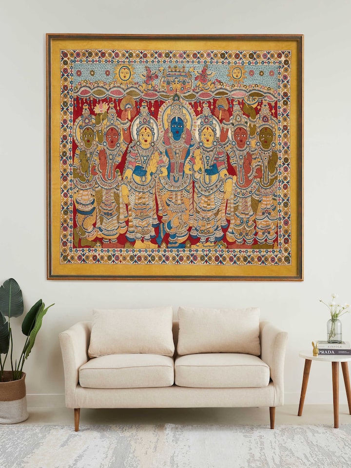 Side view of Kalamkari Hand-painted Wall Art by Swadesh emphasizing the fine detailing of the hand-painted design and vibrant colors.