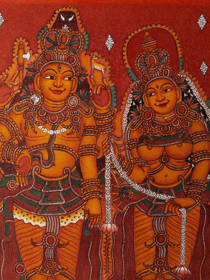 Detailed view of Swayamvaram Kerala mural painting, highlighting its intricate details and cultural motifs.