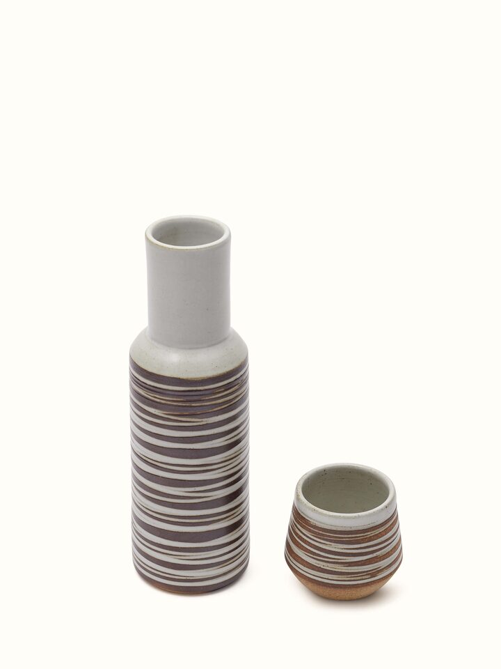 Overview of Studio Pottery Ceramic Carafe & Cup Set (2 Pcs) showing the complete piece laid out, with a slightly different focus area