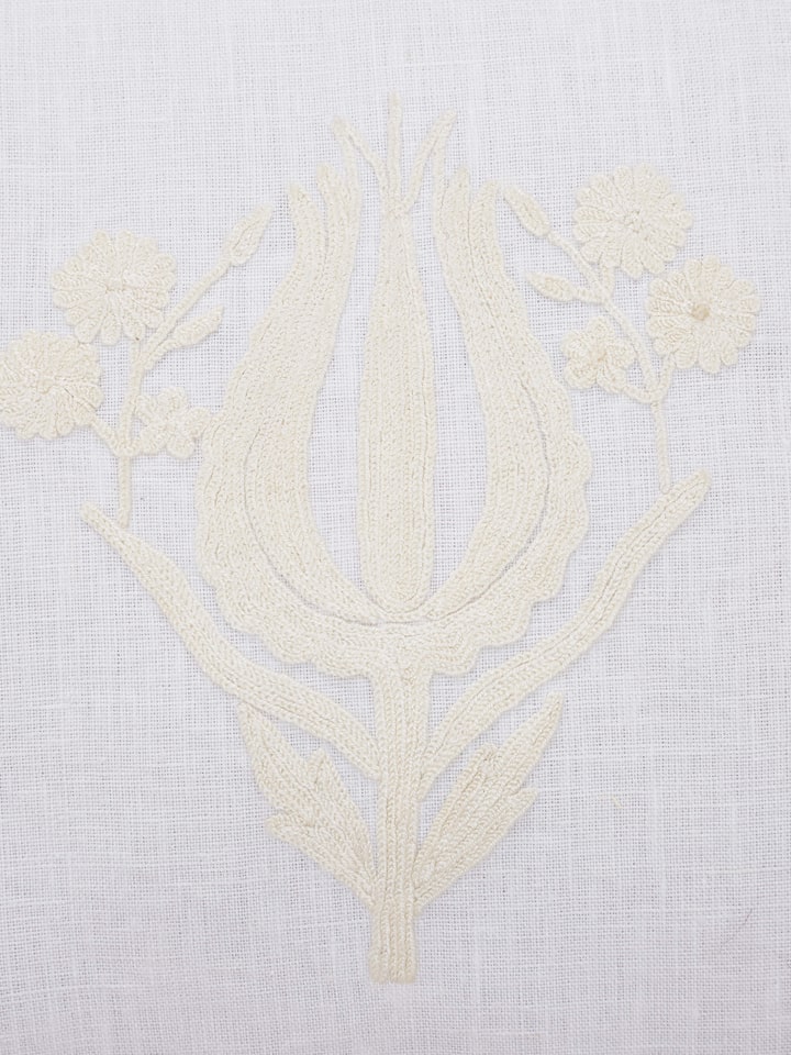 Detailed stitch view of Kashmir chain embroidery on ivory base