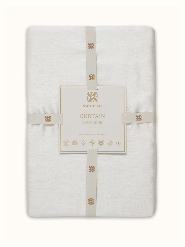 Side view of Razza ivory buti cotton silk crewel hand embroidered sheer curtain (9 ft) showing the curtain's drape and embroidery details.