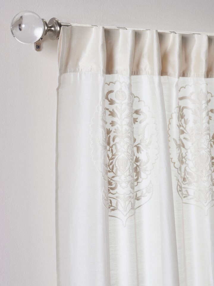 Full view of Razza ivory buta cotton silk crewel hand embroidered sheer curtain (9 ft) showing the overall design and embroidery
