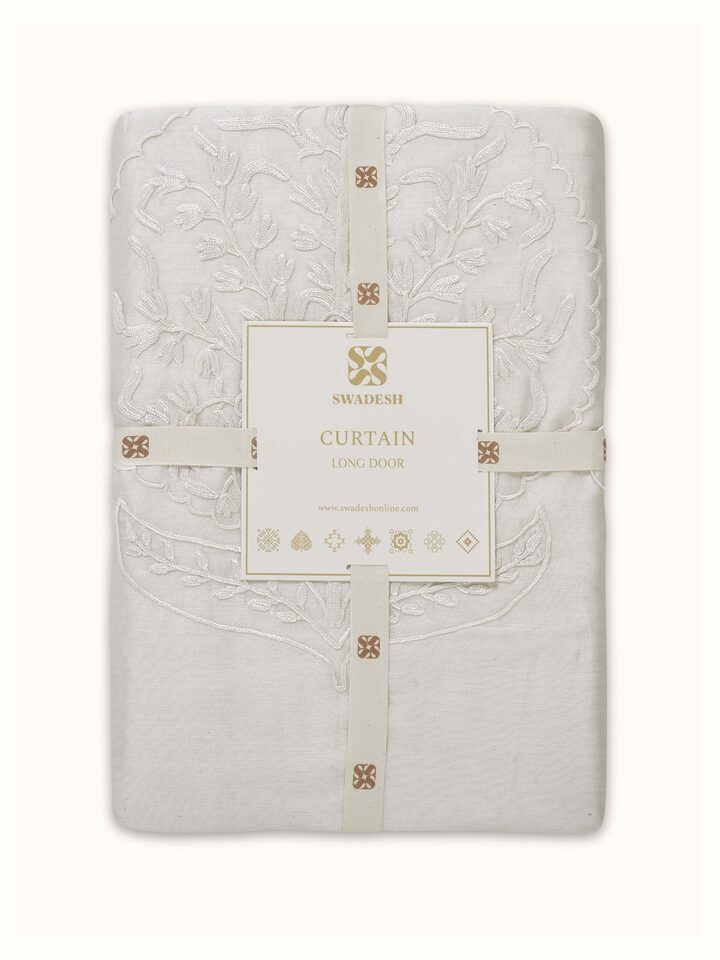Close-up of Razza ivory buta cotton silk crewel hand embroidered sheer curtain (9 ft) emphasizing the fabric and embroidery