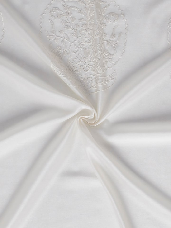 Detail shot of Razza Ivory Buta Curtain, showcasing delicate chain stitch buta patterns on cotton-silk blend.