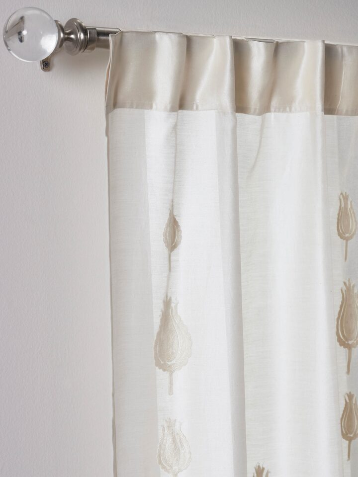 Front view of Razza ivory tulip buti cotton silk crewel hand embroidered sheer curtain showing the delicate embroidery and sheer fabric.