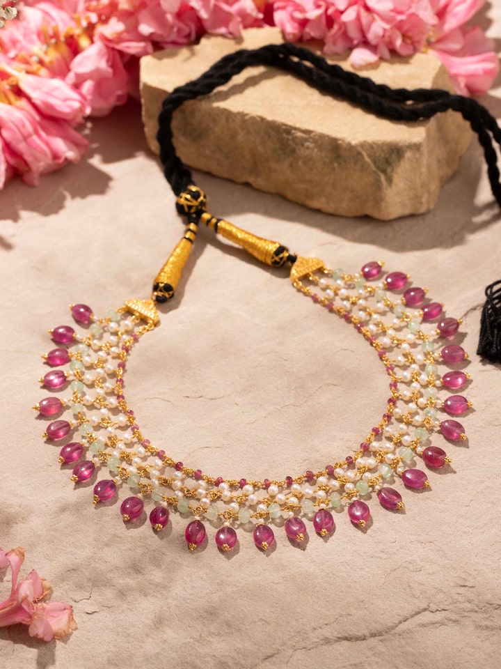 Overview of Gemstone Strings Silver Collar Necklace showing the complete piece laid out