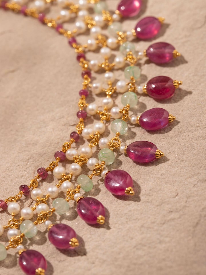Detail view of Gemstone Strings Silver Collar Necklace highlighting the stone setting and metalwork detail
