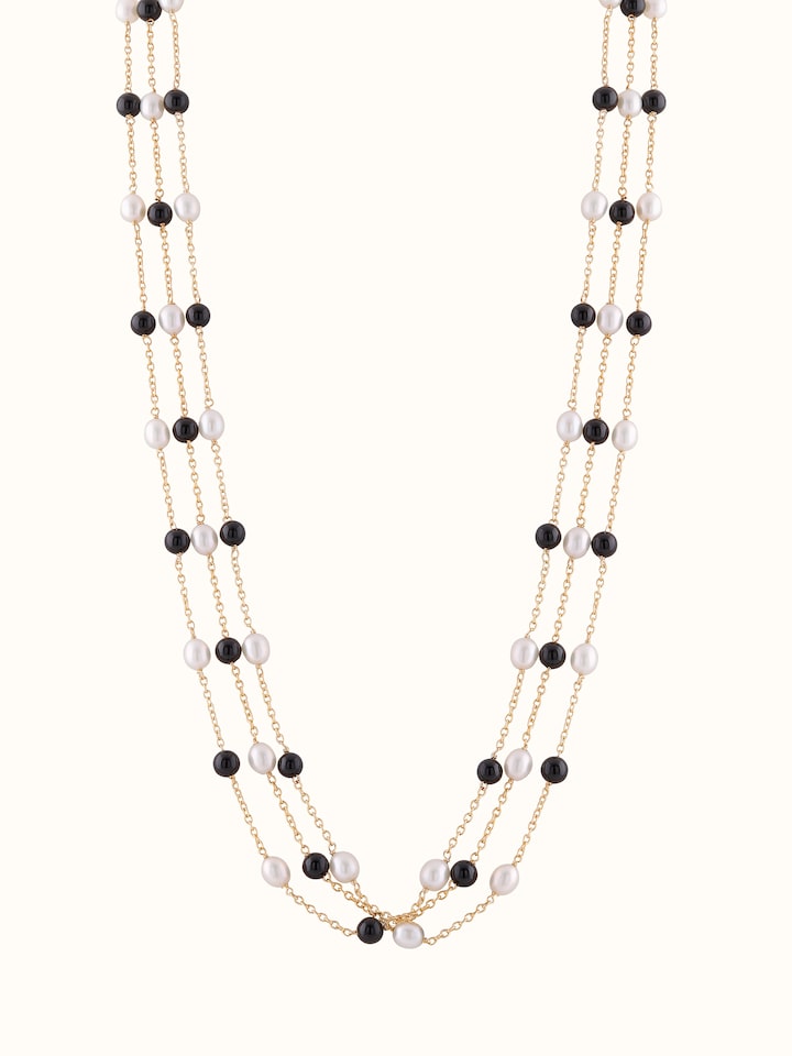 Front view of Gemstone Strings Silver Long Necklace showing the complete piece and design
