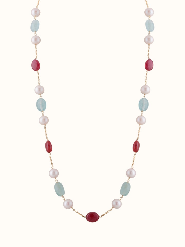 Front view of Gemstone Strings Silver Long Necklace showing the complete piece and design