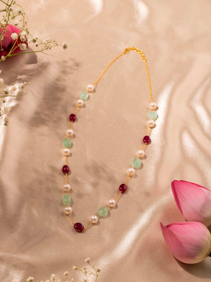 Overview of Gemstone Strings Silver Long Necklace showing the complete piece laid out