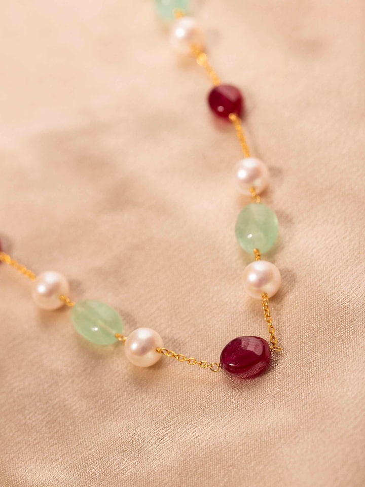 Detail view of Gemstone Strings Silver Long Necklace highlighting the stone setting and metalwork detail