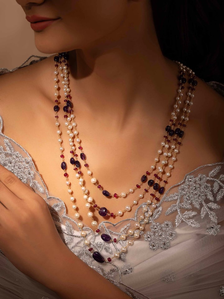 Angled view of Gemstone Strings Silver Long Necklace emphasizing elegant gemstone pattern by Swadesh