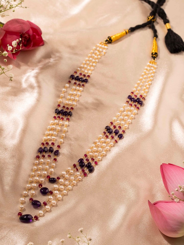 Detailed close-up of Gemstone Strings Silver Long Necklace featuring intricate gemstone details by Swadesh