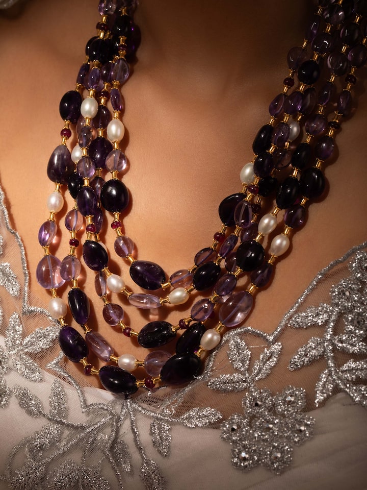 Side view of Gemstone Strings Silver Long Necklace highlighting its elegant design and details.