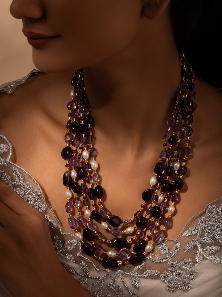 Close-up view of Gemstone Strings Silver Long Necklace showcasing fine craftsmanship and gems.