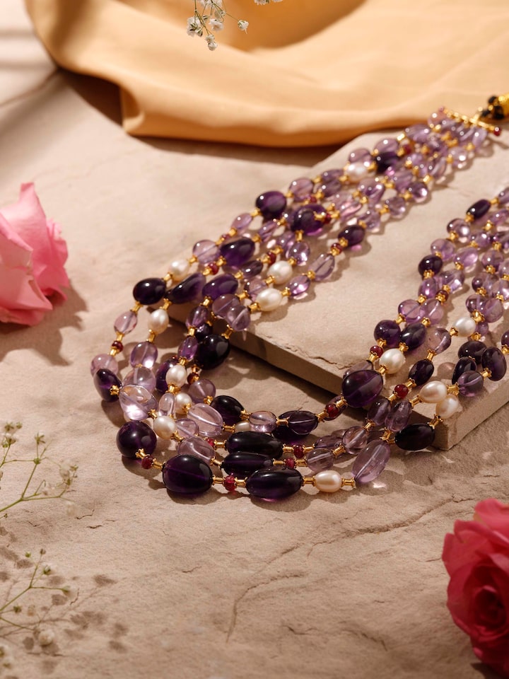 Angled view of Gemstone Strings Silver Long Necklace highlighting its colorful and detailed design.