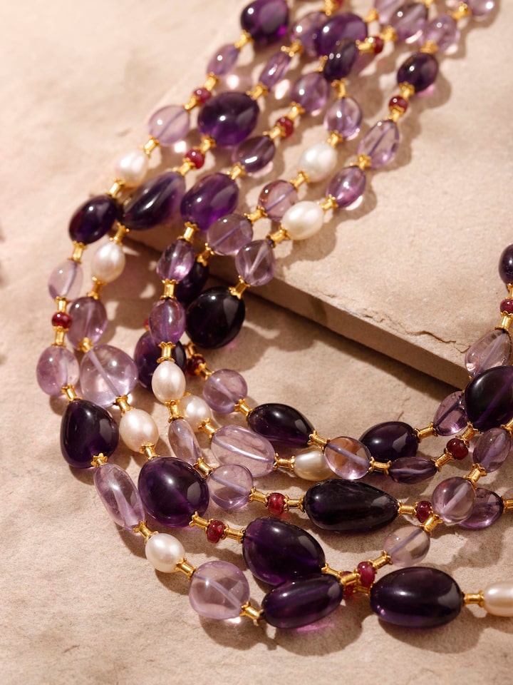 Detailed view of Gemstone Strings Silver Long Necklace from a distance showcasing its full design.