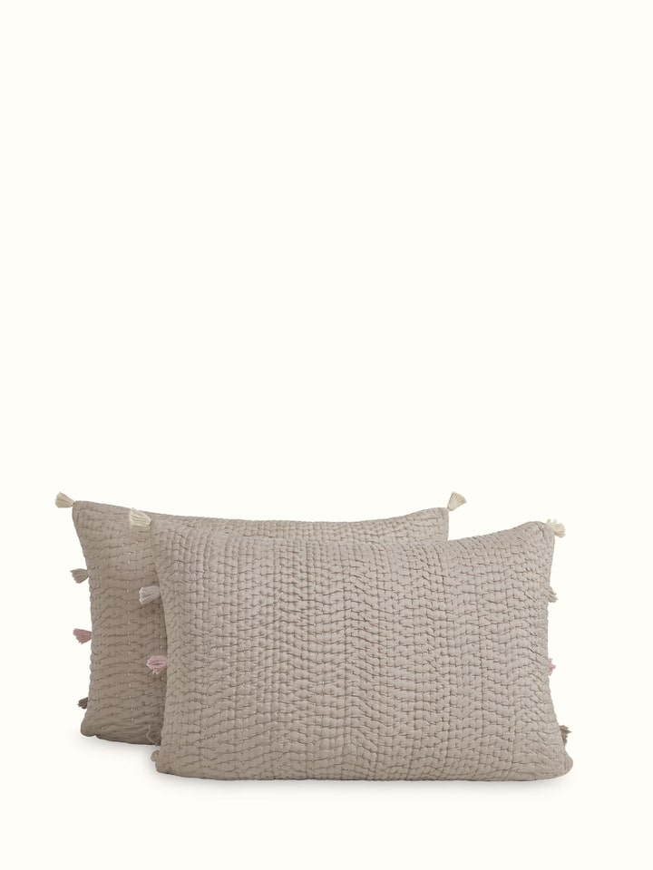 Angled view of brown textured silk razai embroidered double bedspread set, showing the overall design and luxurious texture.