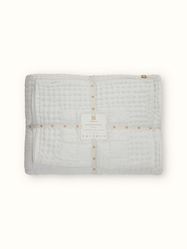 Close-up of Pipa ivory solid silk razai embroidered double bedspread set (3 pcs) focusing on the texture and design.