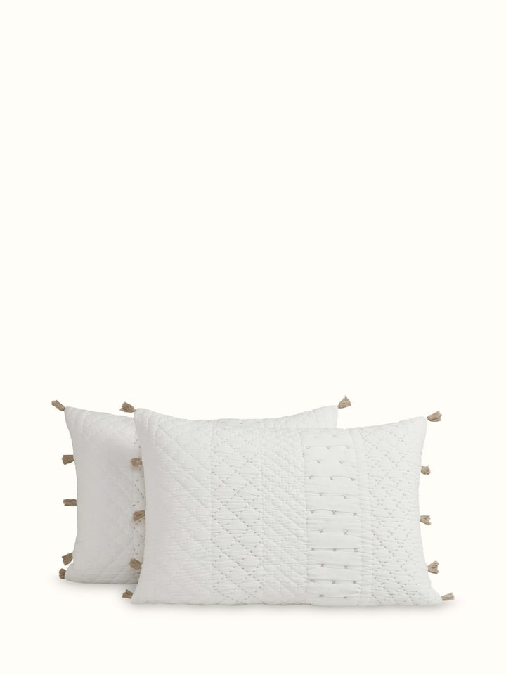Detailed view of Nitya off-white textured stripe cotton razai embroidered double bedspread set highlighting the texture and embroidery work