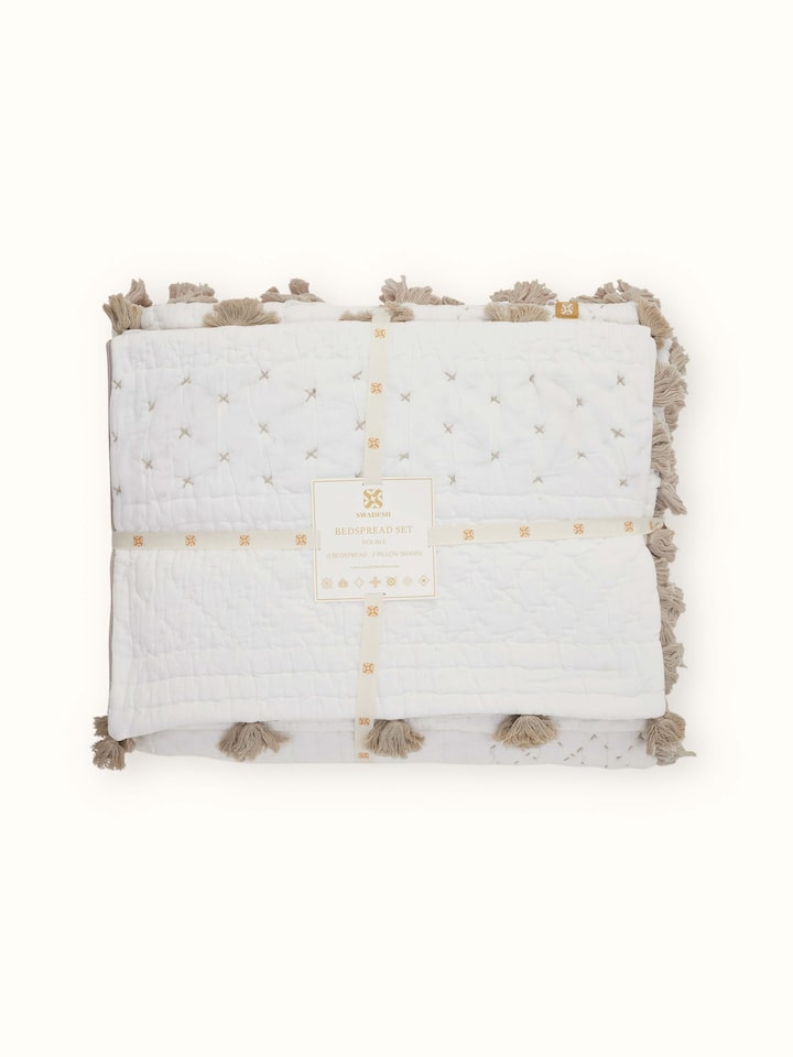 Top view of Nitya off-white textured stripe cotton razai embroidered double bedspread set displaying the complete layout and embroidered details
