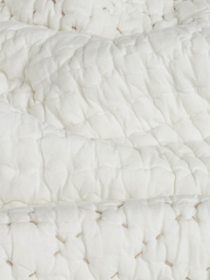 Close-up of Nitya off-white textured stripe cotton razai embroidered double bedspread set focusing on the embroidery and fabric texture