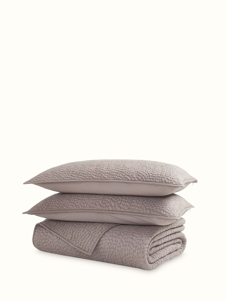 Front view of Nityam grey textured cotton razai embroidered double bedspread set (3 pcs) with detailed embroidery design