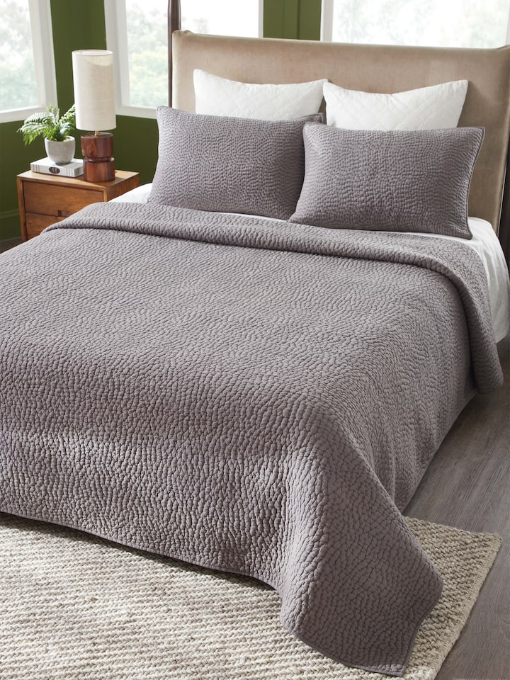 Close-up of Nityam grey textured cotton razai double bedspread set (3 pcs) featuring intricate embroidery