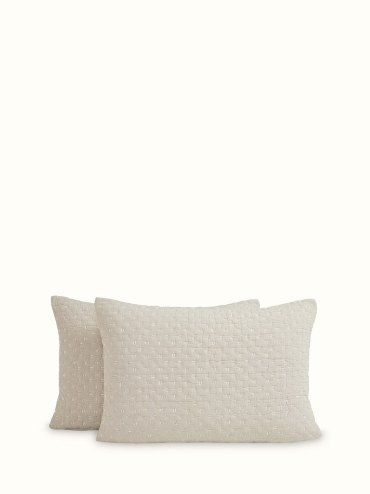 Detailed view of Vaayu beige chambray textured cotton razai embroidered double bedspread set showcasing the intricate embroidery