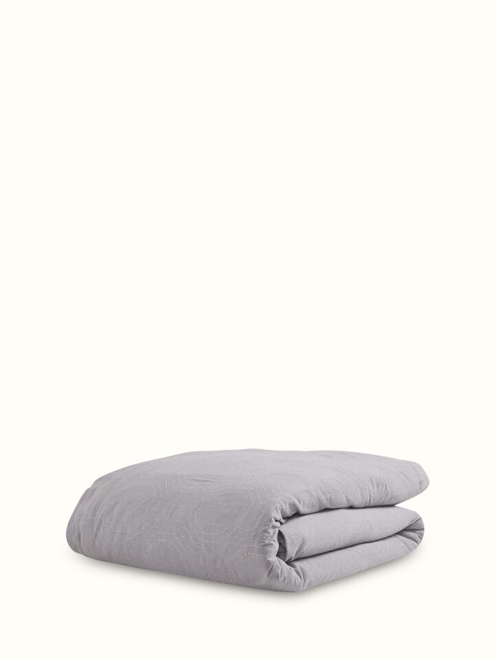 Close-up of Kahani grey geometric cotton kantha embroidered queen duvet cover highlighting embroidery work