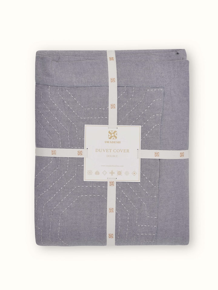 Back view of Kahani grey geometric cotton kantha embroidered queen duvet cover showing stitching details