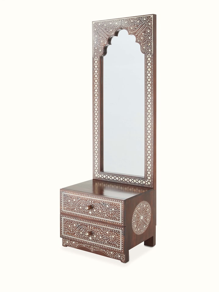 Front view of Sheesham Wood & Bone Inlay Dressing Table (2 Drawers) showing the front design and silhouette, in an alternate close-up