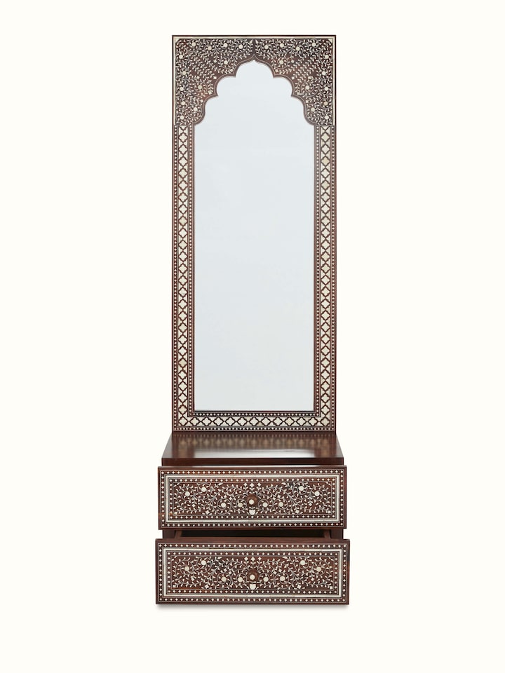 Front view of Sheesham Wood & Bone Inlay Dressing Table (2 Drawers) showing the front design and silhouette