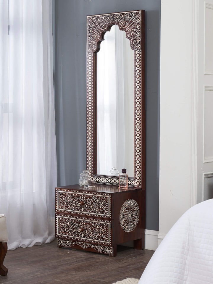 Front view of Sheesham Wood & Bone Inlay Dressing Table (2 Drawers) showing the front design and silhouette, from a different angle