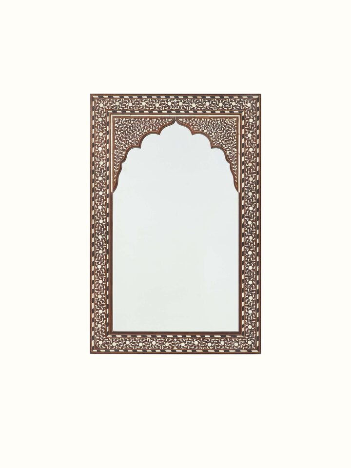 Front view of Sheesham Wood & Bone Inlay Dressing Table with Semicircular Console showing the front design and silhouette, from a different angle