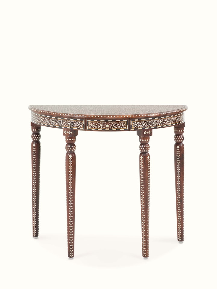 Front view of Sheesham Wood & Bone Inlay Dressing Table with Semicircular Console showing the front design and silhouette, in an alternate close-up