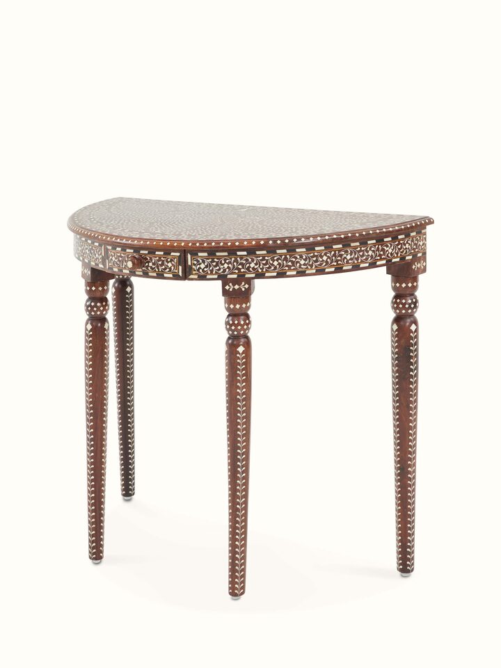 Close-up view of Sheesham Wood & Bone Inlay Dressing Table with Semicircular Console highlighting the inlay work and craftsmanship detail, from a d...